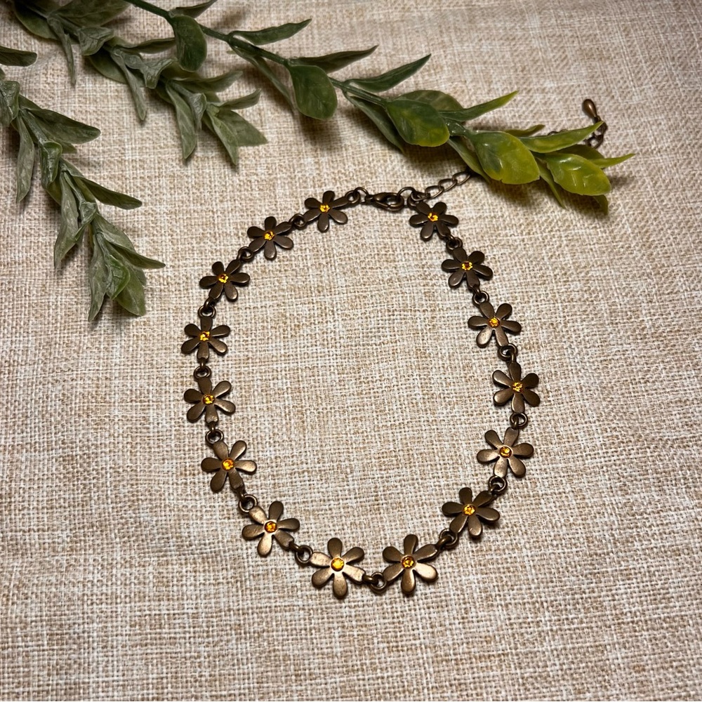 Bronze-Toned Daisy Flower Short Crystal Choker Necklace | Boho Whimsygoth